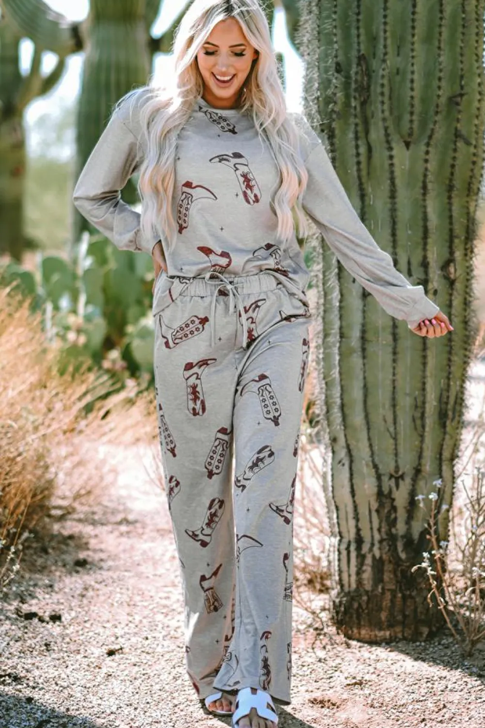 Online Dear-Lover Cowgirl Boots Printed Long Sleeve Top Pants Lounge Set Gray