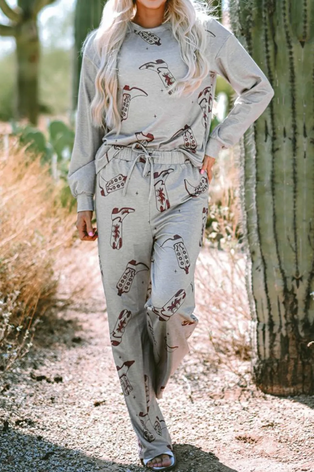 Online Dear-Lover Cowgirl Boots Printed Long Sleeve Top Pants Lounge Set Gray