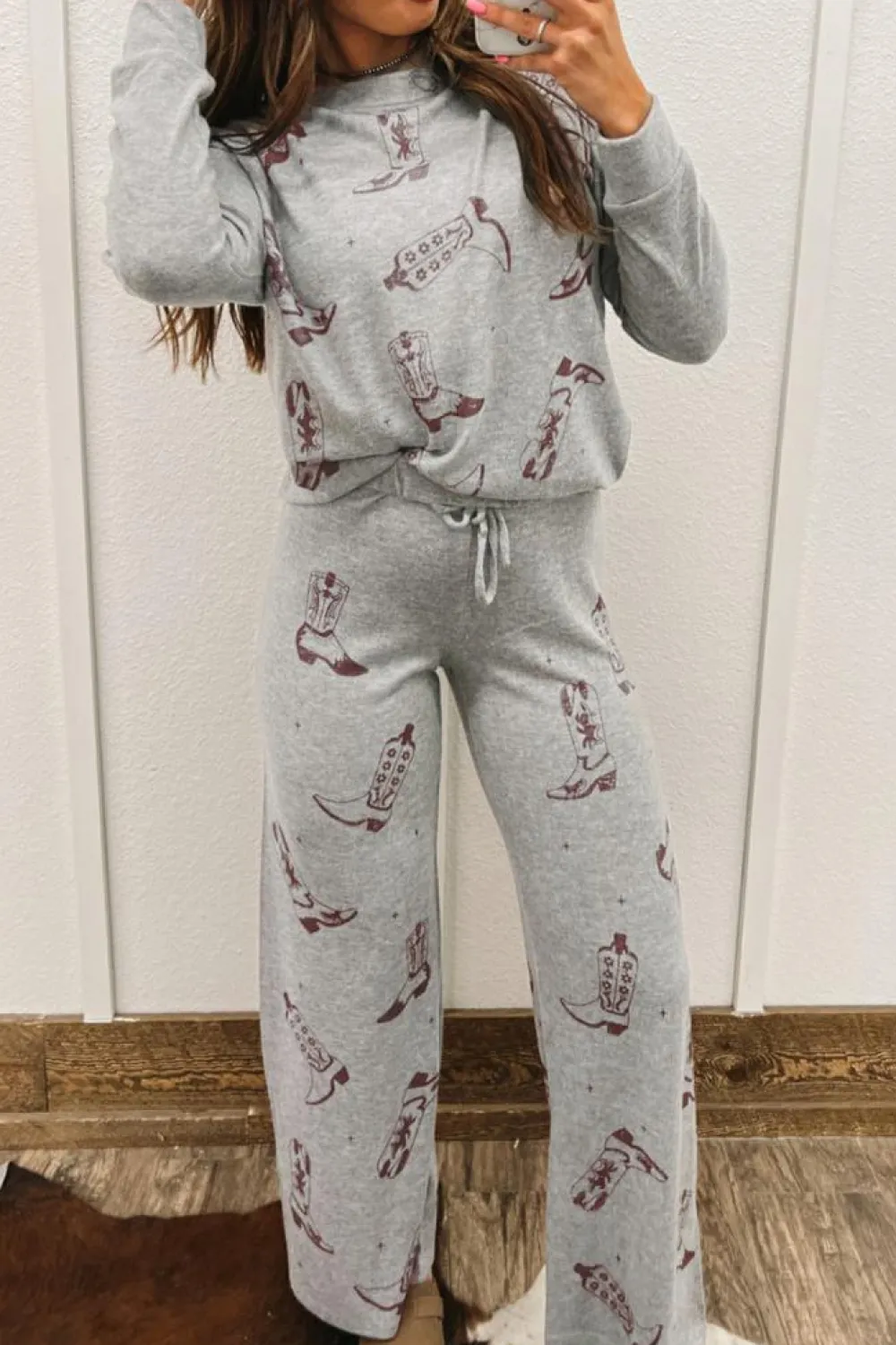Online Dear-Lover Cowgirl Boots Printed Long Sleeve Top Pants Lounge Set Gray