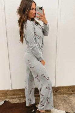 Online Dear-Lover Cowgirl Boots Printed Long Sleeve Top Pants Lounge Set Gray