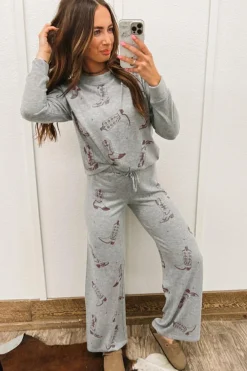 Online Dear-Lover Cowgirl Boots Printed Long Sleeve Top Pants Lounge Set Gray
