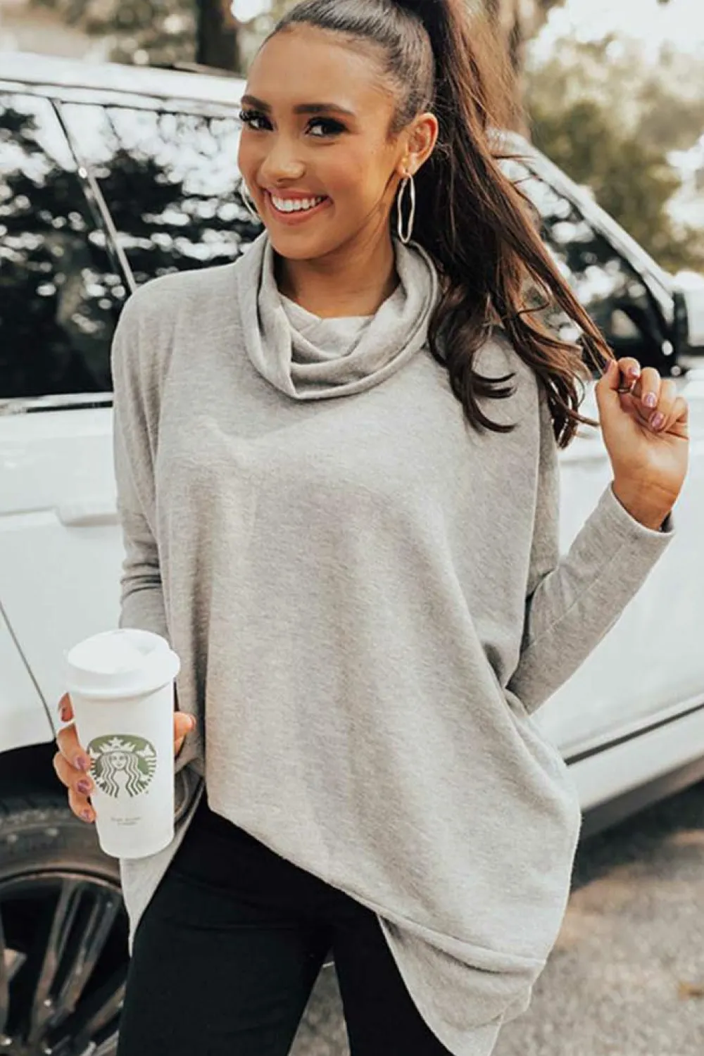 Discount Dear-Lover Cowl Neck Shift Tunic Top Gray