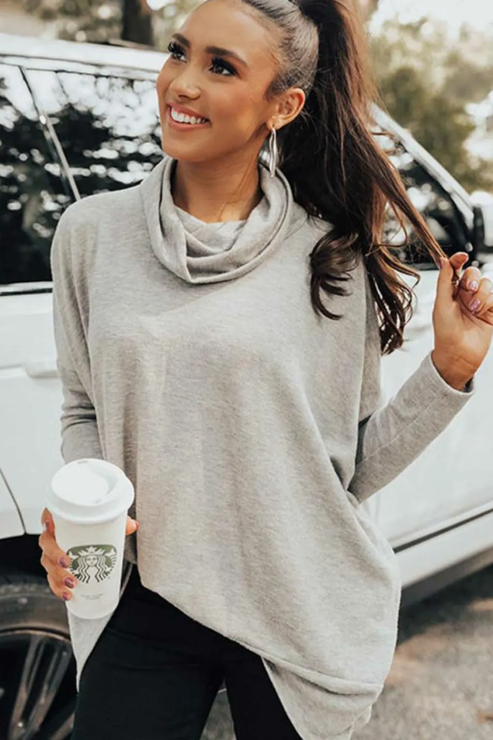 Discount Dear-Lover Cowl Neck Shift Tunic Top Gray