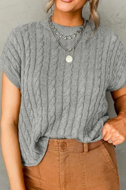 Sale Dear-Lover Crew Neck Cable Knit Short Sleeve Sweater Gray