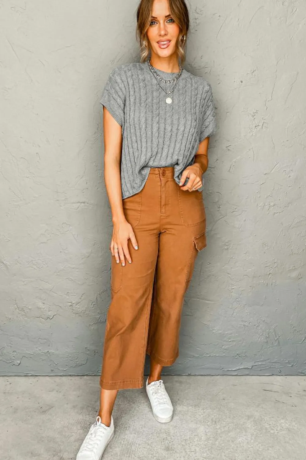 Sale Dear-Lover Crew Neck Cable Knit Short Sleeve Sweater Gray