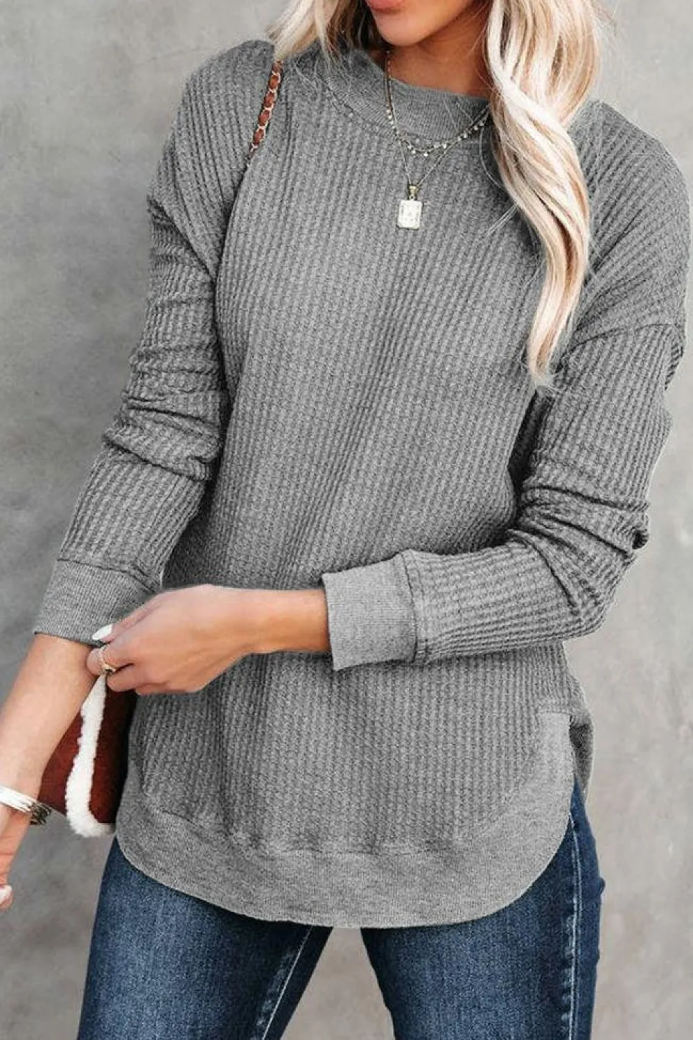 Hot Dear-Lover Crew Neck Ribbed Trim Waffle Knit Top Gray