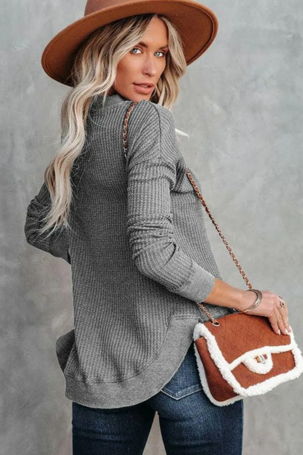 Hot Dear-Lover Crew Neck Ribbed Trim Waffle Knit Top Gray