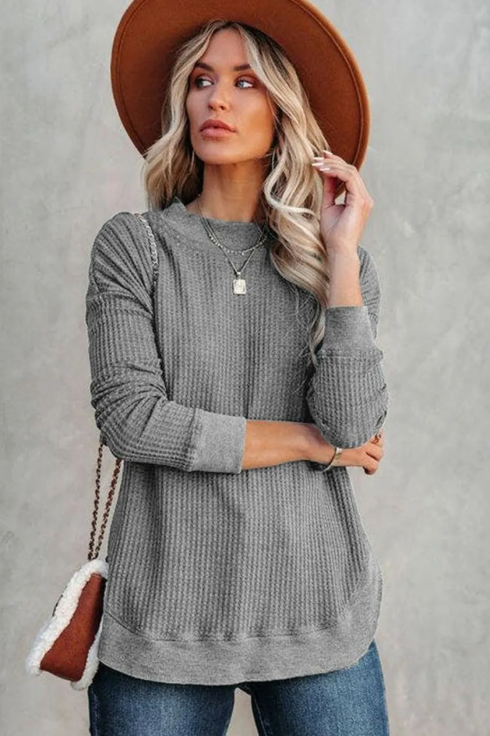 Hot Dear-Lover Crew Neck Ribbed Trim Waffle Knit Top Gray