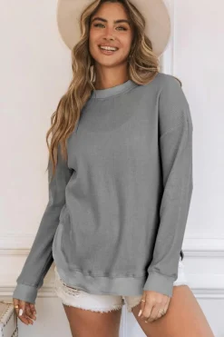 Hot Dear-Lover Crew Neck Ribbed Trim Waffle Knit Top Gray