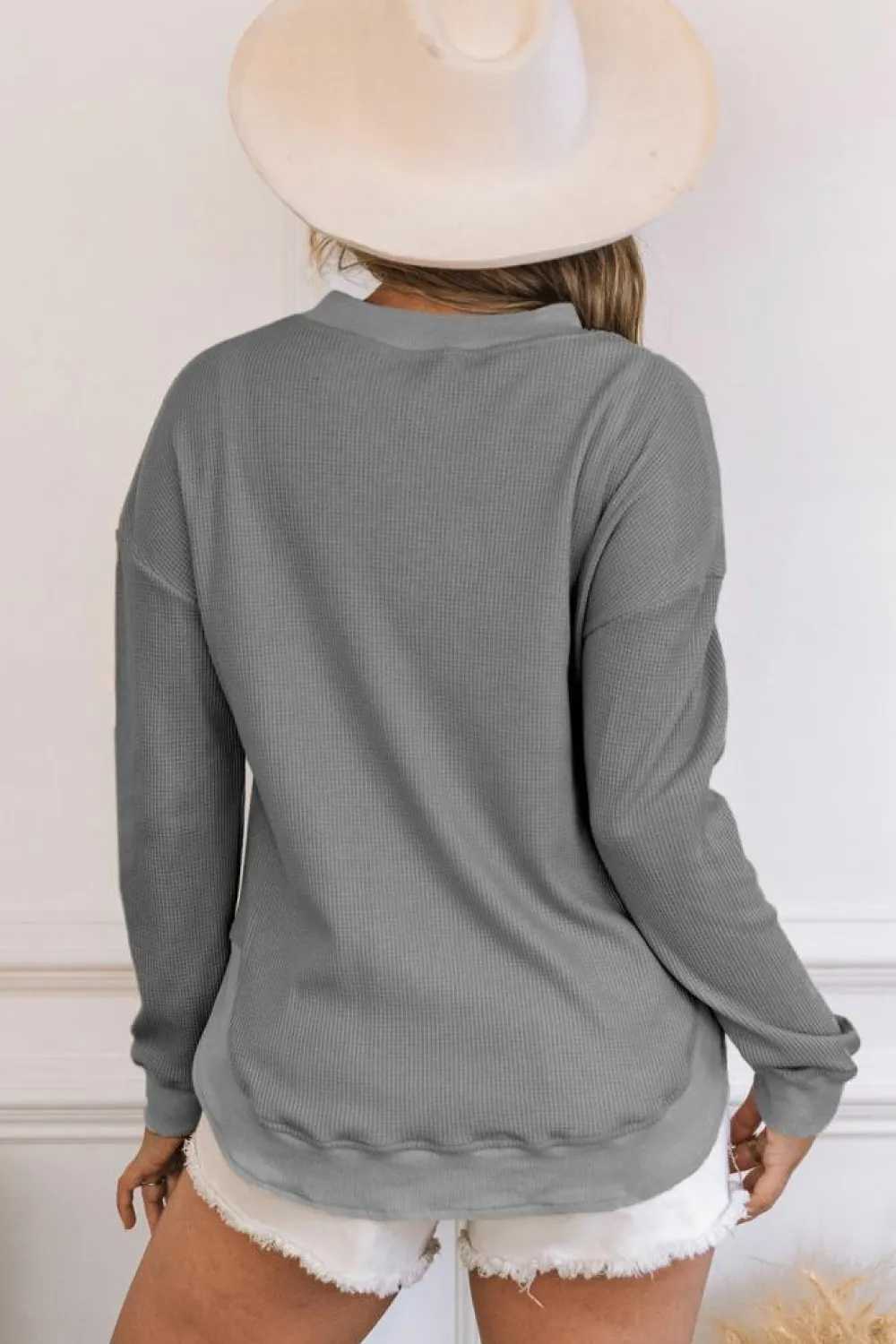Hot Dear-Lover Crew Neck Ribbed Trim Waffle Knit Top Gray