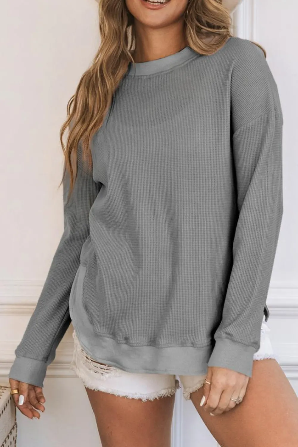 Hot Dear-Lover Crew Neck Ribbed Trim Waffle Knit Top Gray