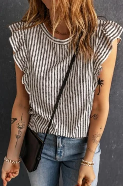Clearance Dear-Lover Crew Neck Ruffled Striped Tank Top Gray
