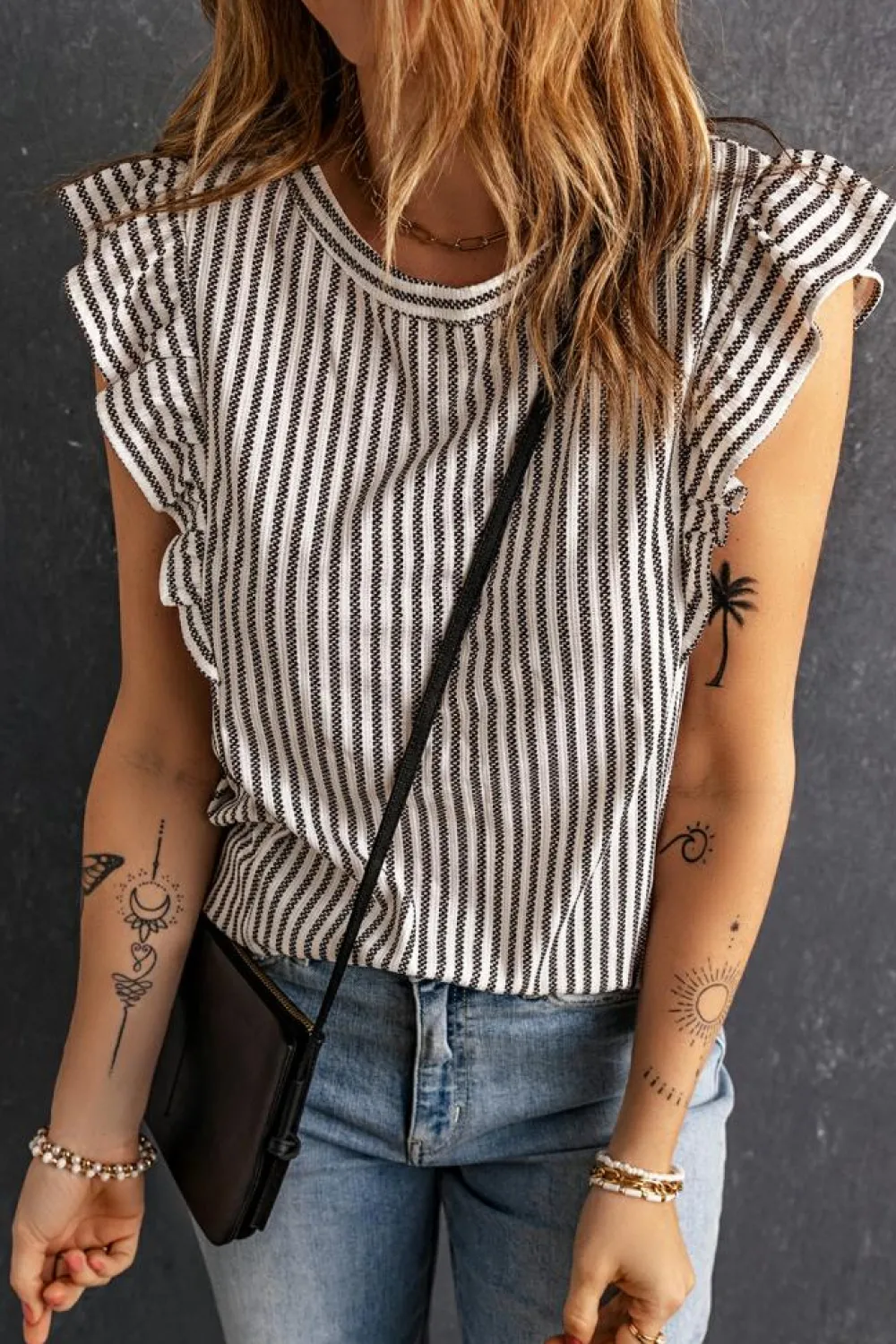 Clearance Dear-Lover Crew Neck Ruffled Striped Tank Top Gray