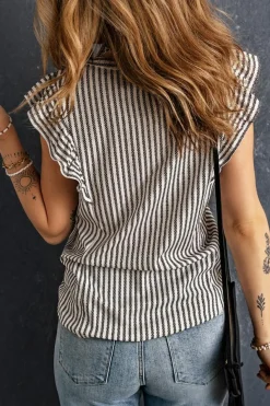 Clearance Dear-Lover Crew Neck Ruffled Striped Tank Top Gray