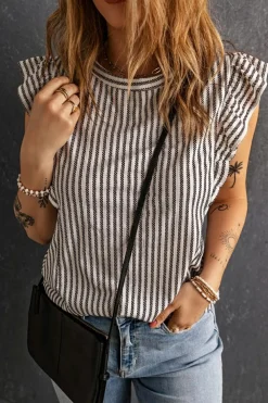 Clearance Dear-Lover Crew Neck Ruffled Striped Tank Top Gray