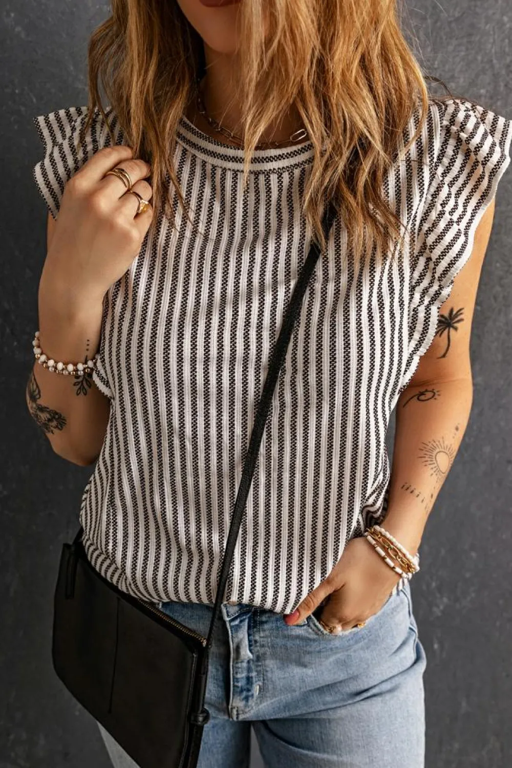 Clearance Dear-Lover Crew Neck Ruffled Striped Tank Top Gray