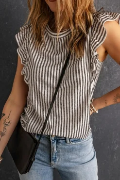 Clearance Dear-Lover Crew Neck Ruffled Striped Tank Top Gray