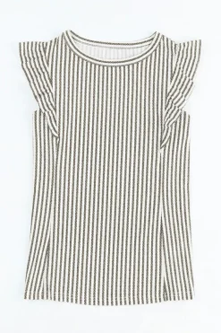 Clearance Dear-Lover Crew Neck Ruffled Striped Tank Top Gray