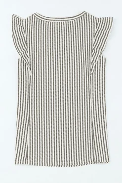 Clearance Dear-Lover Crew Neck Ruffled Striped Tank Top Gray