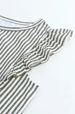 Clearance Dear-Lover Crew Neck Ruffled Striped Tank Top Gray