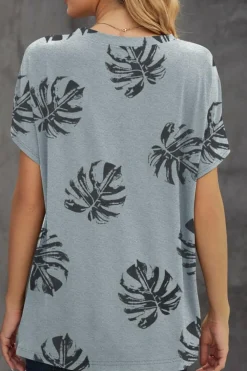 Fashion Dear-Lover Crew Neck Tropical Plants Print T-shirt Gray
