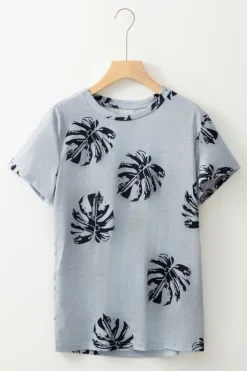 Fashion Dear-Lover Crew Neck Tropical Plants Print T-shirt Gray