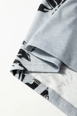 Fashion Dear-Lover Crew Neck Tropical Plants Print T-shirt Gray