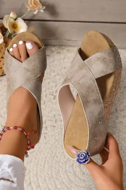 New Dear-Lover Criss Cross Cut Out PU Leather Wedge Slippers Gray
