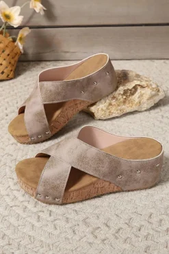 New Dear-Lover Criss Cross Cut Out PU Leather Wedge Slippers Gray