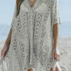 Online Dear-Lover Crochet Knitted Tassel Tie High Low Beachwear Gray