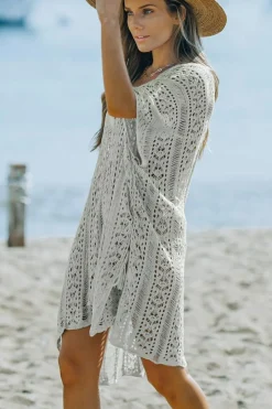 Online Dear-Lover Crochet Knitted Tassel Tie High Low Beachwear Gray