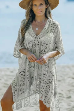 Online Dear-Lover Crochet Knitted Tassel Tie High Low Beachwear Gray