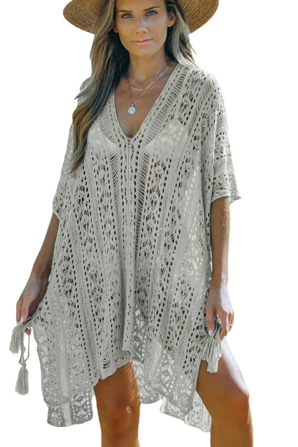 Online Dear-Lover Crochet Knitted Tassel Tie High Low Beachwear Gray