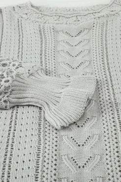 Fashion Dear-Lover Crochet Lace Pointelle Knit Sweater Gray