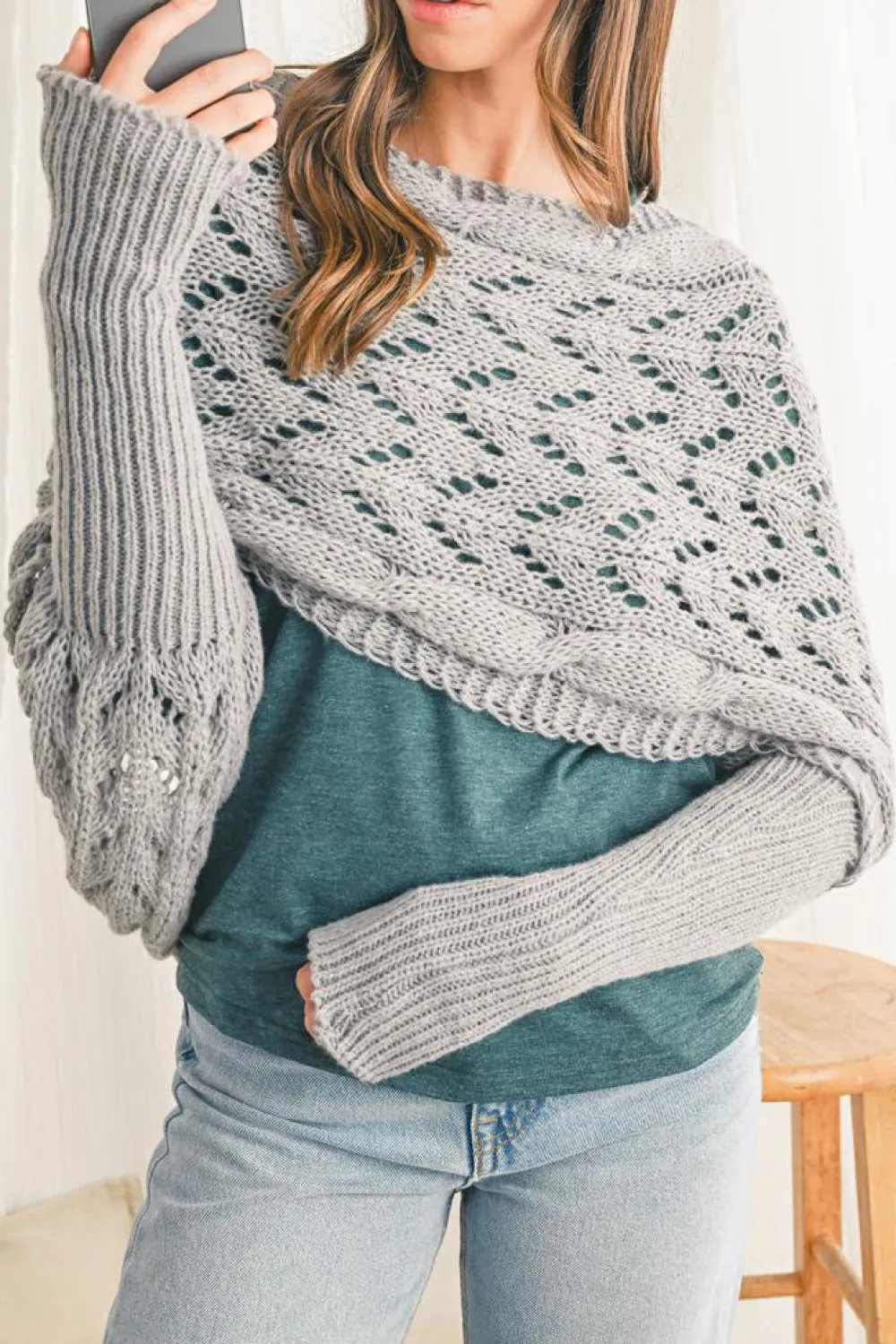 Discount Dear-Lover Cross Detail Hollowed Knit Scarf with Sleeves Gray