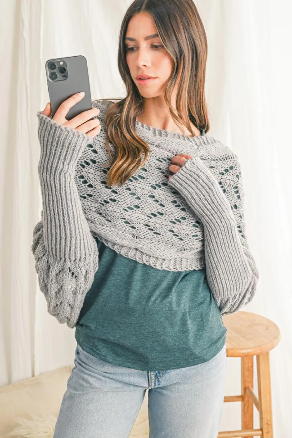 Discount Dear-Lover Cross Detail Hollowed Knit Scarf with Sleeves Gray