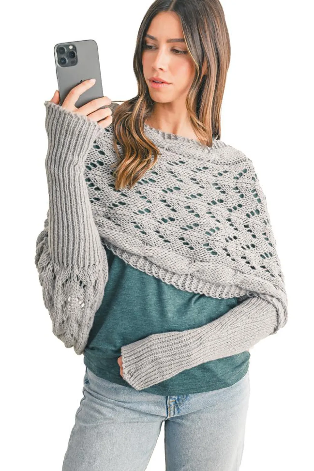 Discount Dear-Lover Cross Detail Hollowed Knit Scarf with Sleeves Gray