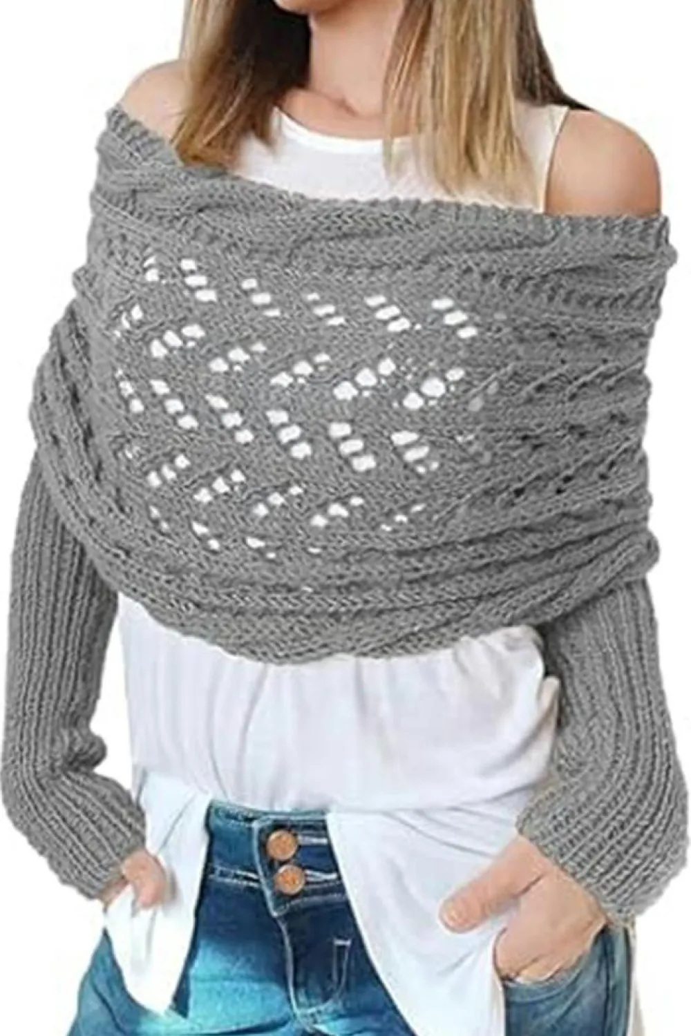Discount Dear-Lover Cross Detail Hollowed Knit Scarf with Sleeves Gray