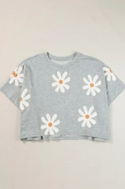 Hot Dear-Lover Daisy Flower Printed Casual T Shirt Gray