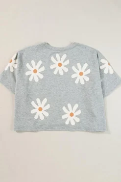 Hot Dear-Lover Daisy Flower Printed Casual T Shirt Gray