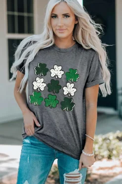 New Dear-Lover Dotted Clovers Print Round Neck T Shirt Gray