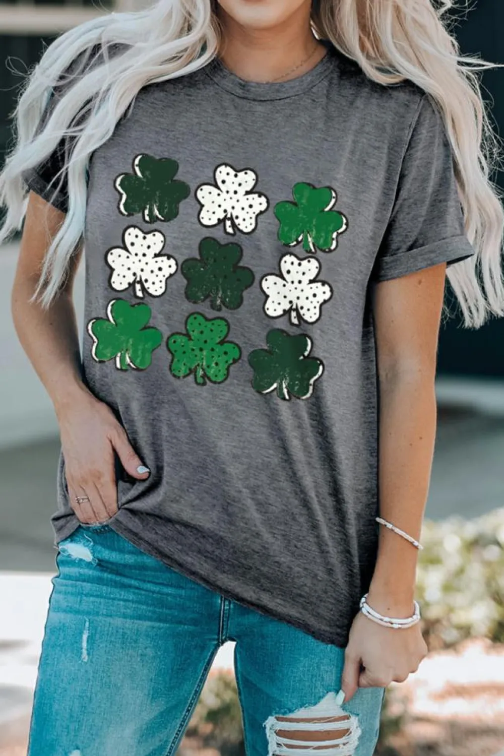 New Dear-Lover Dotted Clovers Print Round Neck T Shirt Gray