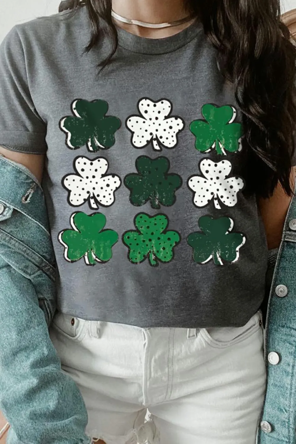 New Dear-Lover Dotted Clovers Print Round Neck T Shirt Gray