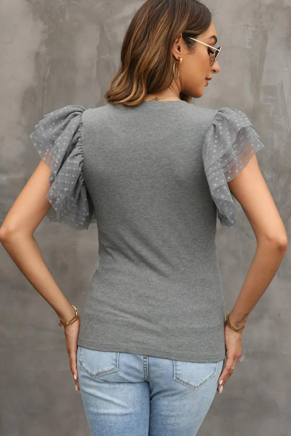 Sale Dear-Lover Dotty Mesh Ruffle Sleeve Ribbed Knit Top Gray