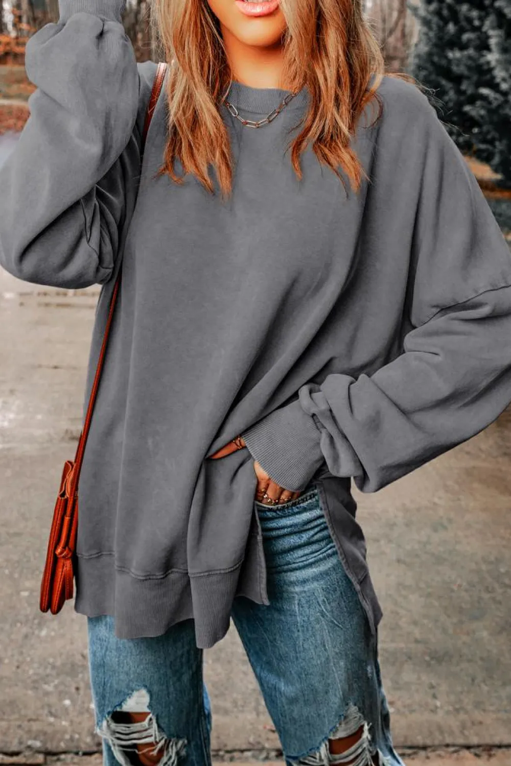 New Dear-Lover Drop Shoulder Ribbed Trim Oversized Sweatshirt Gray