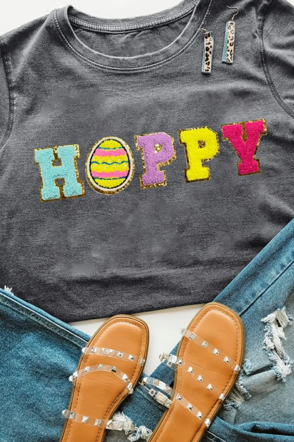 Online Dear-Lover Easter Egg HOPPY Chenille Patched Pattern T Shirt Gray