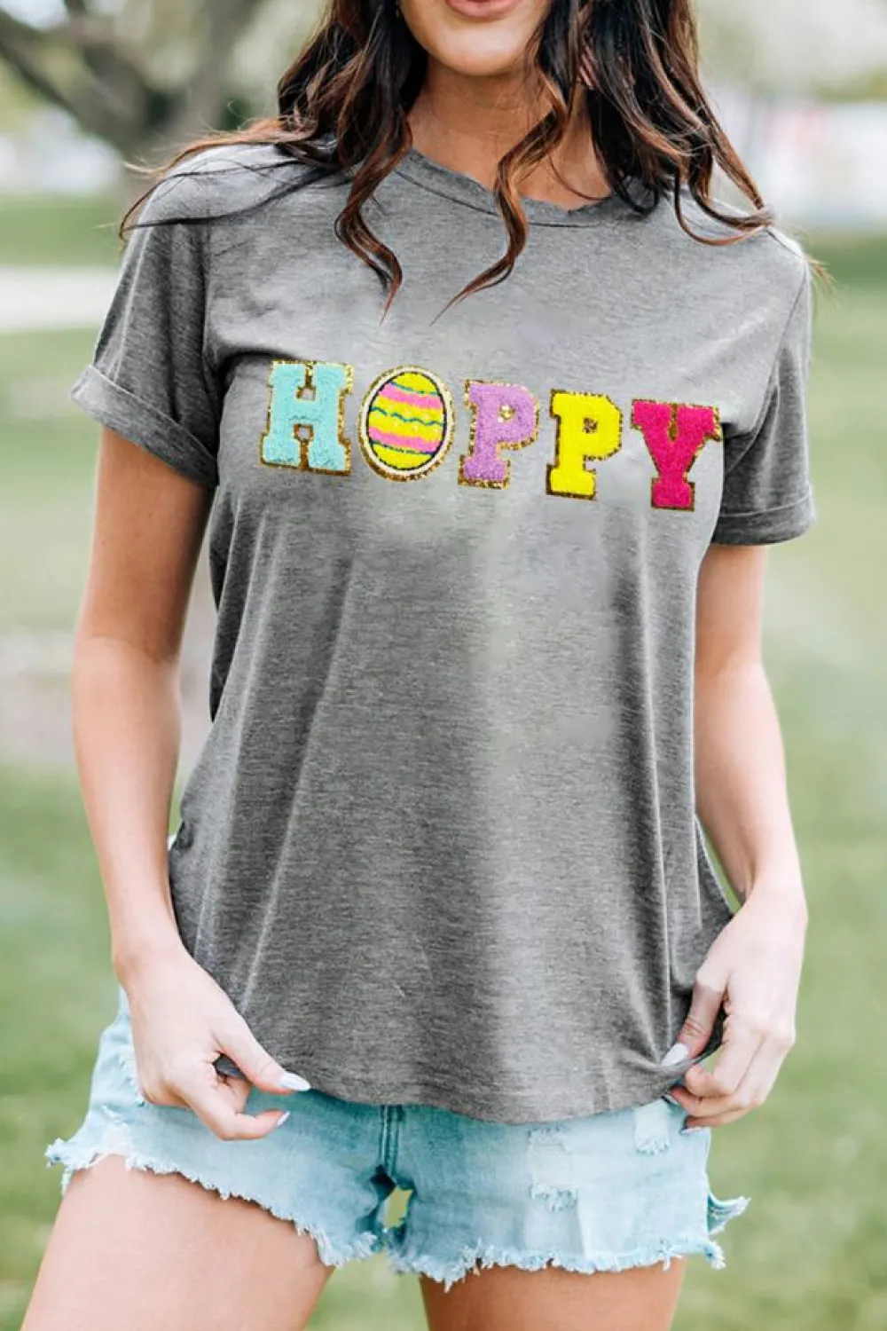 Online Dear-Lover Easter Egg HOPPY Chenille Patched Pattern T Shirt Gray