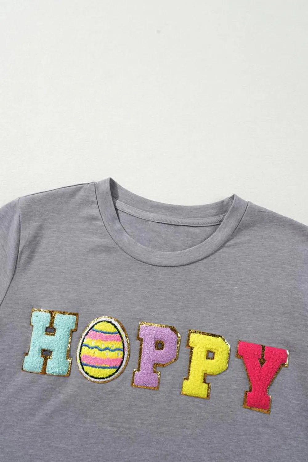 Online Dear-Lover Easter Egg HOPPY Chenille Patched Pattern T Shirt Gray