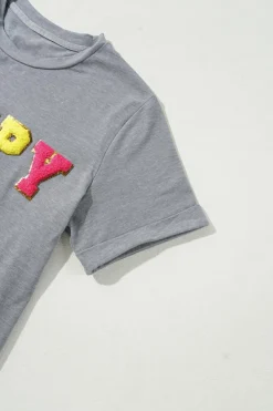 Online Dear-Lover Easter Egg HOPPY Chenille Patched Pattern T Shirt Gray