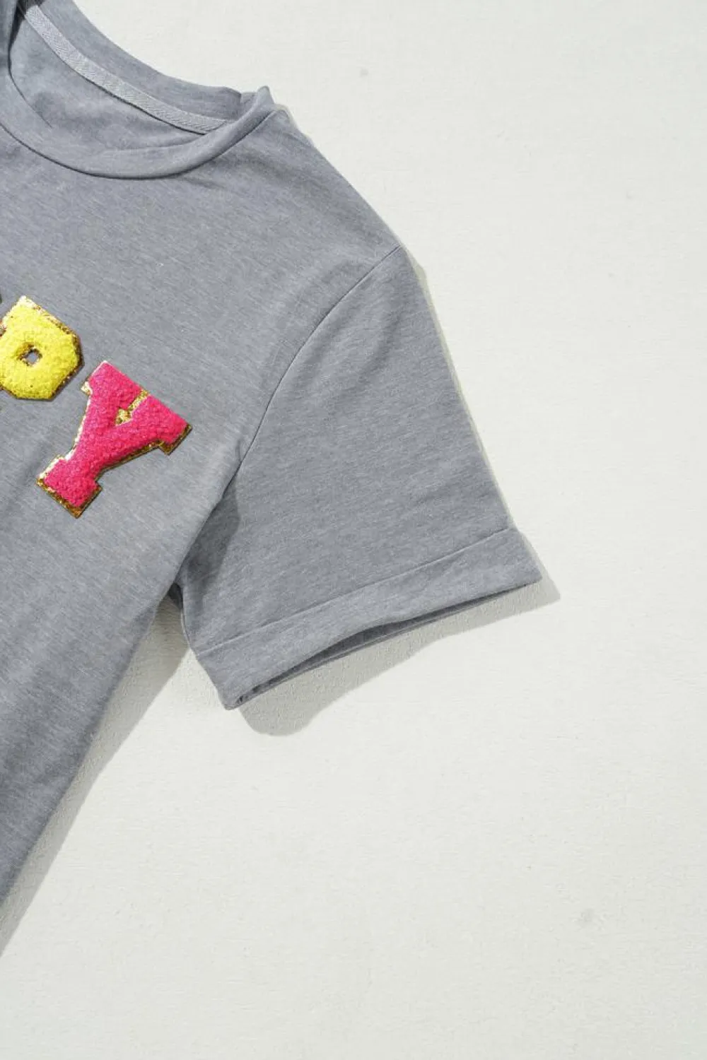 Online Dear-Lover Easter Egg HOPPY Chenille Patched Pattern T Shirt Gray